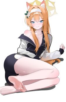 1girl absurdres animal_ear_fluff animal_ears barefoot blue_archive blue_eyes cat_ears cat_girl closed_mouth commentary_request feet flower full_body gym_shorts gym_uniform hair_flower hair_ornament hairband halo highres jacket korean_commentary long_hair looking_at_viewer lying mari_(blue_archive) mari_(track)_(blue_archive) no_shoes official_alternate_costume open_clothes open_jacket orange_hair seueo shorts simple_background smile soles solo toes track_jacket white_background white_flower white_hairband yellow_halo
