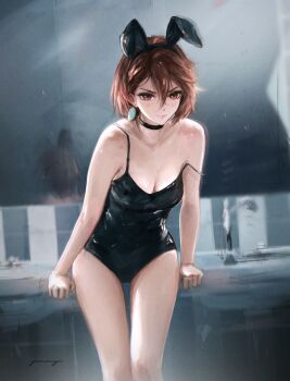 Rule 34 | 1girl, absurdres, animal ears, ayase momo, black choker, black leotard, breasts, brown eyes, brown hair, choker, cleavage, commentary, dandadan, earrings, fake animal ears, faucet, highres, jewelry, leotard, mirror, public restroom, rabbit ears, revision, short hair, sink, small breasts, solo, yennyu