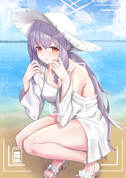 1girl asya atsuko_(blue_archive) atsuko_(swimsuit)_(blue_archive) beach bikini blue_archive cross_halo halo hat highres ocean official_alternate_costume purple_eyes red_eyes smile solo sun_hat swimsuit white_bikini white_halo white_hat