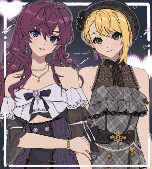 2girls ahoge bare_shoulders belly_chain belt black_background black_belt black_ribbon blonde_hair blue_eyes blush bow bowtie bracelet breasts brooch brown_hair closed_mouth collarbone commentary dress earrings empty_(neyo) english_commentary green_eyes grey_dress hair_between_eyes hand_on_own_arm hat heart ichinose_shiki idolmaster idolmaster_cinderella_girls idolmaster_cinderella_girls_starlight_stage jewelry long_hair looking_at_viewer medium_breasts miyamoto_frederica multiple_girls necklace off-shoulder_dress off_shoulder parted_lips pearl_necklace pixel_art ribbon see-through_clothes see-through_sleeves short_hair short_sleeves sleeveless sleeveless_dress smile sparks two-tone_dress upper_body wavy_hair white_bow white_bowtie