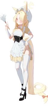 1girl absurdly_long_hair absurdres alternate_costume animal_ears banpen blonde_hair blue_archive fox_ears fox_girl fox_tail full_body halo high_heels highres long_hair seia_(blue_archive) simple_background solo tail thighhighs very_long_hair white_background white_thighhighs