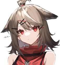 Rule 34 | 1girl, arknights, armpit crease, arms at sides, bare shoulders, brown hair, character name, cutter (arknights), goma 74umai, hair between eyes, hair ornament, hairpin, highres, jewelry, looking at viewer, open mouth, pendant, portrait, red eyes, red shirt, shirt, short hair, sidelocks, simple background, sleeveless, sleeveless shirt, solo, teeth, topknot, turtleneck, turtleneck shirt, white background, x hair ornament