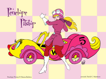 1girl artist_name blonde_hair boots car character_name checkered_background commentary david_c_matthews english_commentary full_body goggles goggles_on_head helmet high_heel_boots high_heels jacket long_hair looking_at_viewer motor_vehicle pants penelope_pitstop purple_helmet purple_jacket red_lips red_pants signature solo standing wacky_races white_boots