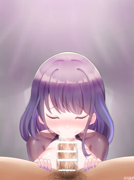 1boy 1girl absurdres artist_name blunt_bangs blush breasts censored closed_eyes commentary_request cum cum_in_mouth cum_overflow erection fellatio genshin_impact hetero highres huge_breasts leaning_forward lhp mosaic_censoring multicolored_hair nose_blush oral penis pov pubic_hair purple_hair purple_nails raiden_shogun sex solo_focus streaked_hair tearing_up veins veiny_penis