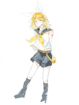 1girl black_sailor_collar black_shorts blonde_hair bow closed_eyes commentary detached_sleeves full_body hair_bow hair_ornament hairclip haya_ff0047 headphones highres kagamine_rin neckerchief number_tattoo parallel_hairclips sailor_collar shirt short_hair shorts simple_background sleeveless sleeveless_shirt tattoo treble_clef untranslatable_commentary vocaloid white_background white_bow yellow_neckerchief yellow_trim