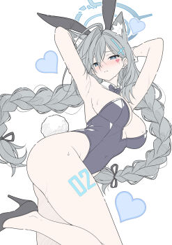 1girl alternate_costume alternate_hairstyle animal_ear_fluff animal_ear_hairband animal_ears armpits arms_behind_head black_hairband black_leotard black_shoes blue_archive blue_eyes blue_halo braid breasts closed_mouth commentary cross_hair_ornament english_commentary extra_ears facial_tattoo fake_animal_ears fake_tail grey_hair hair_between_eyes hair_ornament hairband halo heart heart_tattoo high_heels highleg highleg_leotard highres large_breasts leotard long_hair looking_at_viewer playboy_bunny rabbit_ear_hairband rabbit_ears rabbit_tail shiroko_terror_(blue_archive) shoes solo standing standing_on_one_leg strapless strapless_leotard sweat t1kosewad tail tattoo twin_braids wolf_ears wolf_girl