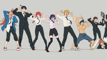 4girls 5boys abs angel_devil_(chainsaw_man) angel_wings barefoot beam_(chainsaw_man) bemani black_choker black_jacket black_necktie black_pants black_ribbon black_shoes black_shorts black_suit black_thighhighs blonde_hair blue_jacket blush braid braided_ponytail breasts brown_shoes chainsaw_man choker closed_eyes closed_mouth collared_shirt commentary crying dance_dance_revolution dancing demon_horns denji_(chainsaw_man) eating fangs feathered_wings formal_clothes full_body grey_background hair_between_eyes hair_bun halo hand_glasses hayakawa_aki higashiyama_kobeni highres hood hood_up horns hyde_(tabakko) jacket loafers long_hair long_hair_between_eyes looking_at_viewer looking_to_the_side lying makima_(chainsaw_man) medium_breasts medium_hair motion_blur motion_lines multiple_boys multiple_girls neck_ribbon necktie on_stomach open_clothes open_jacket open_mouth orange_eyes orange_hair pants pants_rolled_up plague_doctor_mask power_(chainsaw_man) red_eyes red_hair red_horns reze_(chainsaw_man) ribbon ringed_eyes shark_boy shark_head shirt shirt_partially_tucked_in shirt_tucked_in shoes short_hair shorts sidelocks simple_background sleeveless sleeveless_shirt sleeves_rolled_up smile sneakers snot standing suit sweat sweatdrop thighhighs tongue tongue_out topknot topless_male violence_fiend_(chainsaw_man) white_shirt white_shoes white_wings wing_collar wings yellow_halo