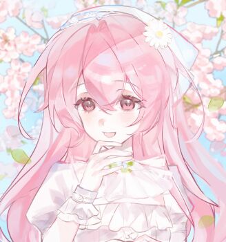 1girl blue_headscarf branch cherry_blossoms chinese_commentary collar commentary_request daisy_(flower) day detached_collar dress eyelashes floral_print flower frilled_dress frilled_wrist_cuffs frills grey_wrist_cuffs hair_between_eyes hair_flower hair_intakes hair_ornament hand_on_own_chin happy headscarf highres infinity_nikki lace-trimmed_headwear lace_trim leaf light_blush long_hair lower_teeth_only nikki_(nikki) nikki_(series) open_mouth outdoors pink_eyes pink_flower pink_hair print_headwear puffy_short_sleeves puffy_sleeves rose_print shirenmo short_sleeves smile solo spring_(season) square_neckline teeth upper_body very_long_hair white_collar white_dress white_flower wrist_cuffs