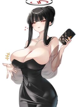 1girl absurdres bag black_dress black_halo blue_archive braid breasts bun_with_braided_base cleavage commentary dress evening_gown hair_bun halo handbag heart highres holding holding_bag jewelry large_breasts looking_at_viewer necklace panvyru pearl_necklace rio_(blue_archive) rio_(dress)_(blue_archive) short_hair simple_background solo white_background