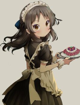 1girl alternate_costume apron back black_eyes black_hair cake child feet_out_of_frame food grey_background holding holding_tray idolmaster idolmaster_cinderella_girls long_hair looking_at_viewer looking_back maid maid_apron maid_headdress michii_yuuki simple_background solo standing tachibana_arisu tray white_wrist_cuffs wrist_cuffs