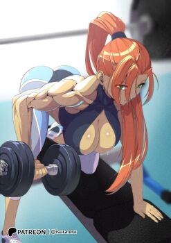 1girl ass barbell bare_shoulders biceps blurry blurry_background breasts capri_pants cleavage_cutout clothing_cutout crop_top deltoids dripping dumbbell exercising green_eyes gym hanging_breasts highres isura-eru long_hair looking_to_the_side midriff muscular muscular_arms muscular_female orange_hair original pants patreon_logo patreon_username shoes sleeveless sleeveless_turtleneck sneakers sweat turtleneck