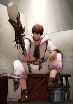 1boy adventurer_(ff14) belt black_shirt blue_eyes blue_gemstone box brown_hair brown_shoes bucket buttons canvas_(object) captain_morgan_pose collarbone commentary_request crate cross easel final_fantasy final_fantasy_xiv fingernails foot_on_bucket full_body gem giant_brush gold_choker gold_necklace green_belt hair_between_eyes hand_on_own_knee highres holding holding_paintbrush hood hooded_jacket jacket jewelry knee_up latin_cross legs_apart light_smile long_sleeves looking_at_viewer male_focus necklace on_box open_clothes open_jacket paintbrush pants pictomancer_(final_fantasy) pointy_shoes shirt shoes short_hair shoulder_strap sitting solo spotlight toto_(to1010) twitter_username warrior_of_light_(ff14) white_jacket white_pants