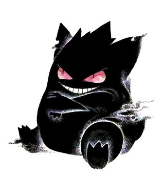 commentary creature crossed_arms dissolving evil_grin evil_smile full_body gen_1_pokemon gengar grin highres nintendo no_sclera pokemon pokemon_(creature) pokemon_focus red_eyes shou-star simple_background sitting slit_pupils smile solo symbol-only_commentary tsurime white_background