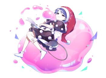 1girl black_capelet black_skirt blob blue_eyes blue_hair capelet doremy_sweet full_body hat highres lying nightcap no_nose pom_pom_(clothes) ribbon short_hair sia_6767 skirt smile socks solo tail tapir_tail touhou waist_ribbon white_ribbon white_socks