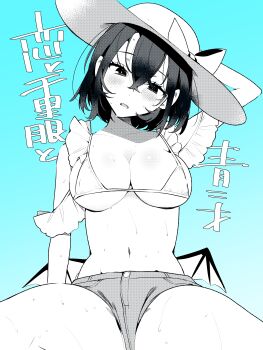 Rule 34 | 1girl, absurdres, arm behind head, bikini, blue background, blush, breasts, commentary request, greyscale with colored background, hat, highres, low wings, navel, open mouth, original, ouchi kaeru, shadow, short hair, short shorts, shorts, solo, stomach, sun hat, sweat, swimsuit, translation request, wings