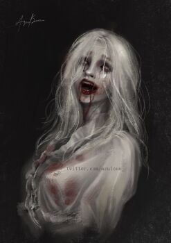 1girl absurdres artist_name black_background blood blood_from_mouth blood_on_clothes blood_on_face blood_on_mouth bloodshot_eyes bloody_clothes bloody_dress bloody_tears colored_sclera colored_skin crazy_eyes crazy_smile dress fangs grey_skin highres horror_(theme) injury long_hair looking_at_viewer makeup melonasun messy_hair open_mouth pale_skin patreon_username red_eyes red_lips red_sclera resident_evil resident_evil_requiem runny_makeup selena_corey smile solo spot_color teeth upper_body vampire watermark web_address white_dress white_eyes white_hair white_skin wide_mouth zombie
