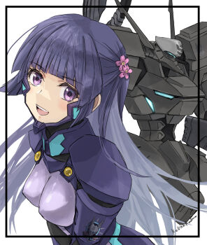 Rule 34 | 1girl, armored bodysuit, blue bodysuit, blue hair, bodysuit, breasts, commentary request, covered erect nipples, fortified suit, highres, hime cut, jun (rellik &amp; redrum), long hair, looking at viewer, mecha, mecha pilot suit, medium breasts, muv-luv, muv-luv unlimited: the day after, purple eyes, robot, sendou yuzuka, smile, solo, tactical surface fighter, type 94 shiranui