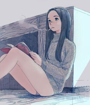 1girl black_hair book cigarette desk emanon_(character) freckles highres holding holding_book indoors knit_sweater kokudou_juunigou leaning_on_object long_hair memories_of_emanon no_pants on_floor parted_bangs reading sitting smoking solo