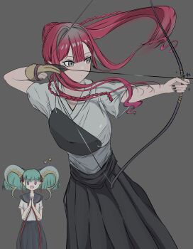 Rule 34 | 2girls, absurdres, archery, archery shooting glove, arrow (projectile), baobhan sith (fate), black skirt, bow (weapon), fate/grand order, fate (series), gloves, green hair, grey background, grey eyes, highres, horns, kumo/yobi, larva tiamat (fate), larva tiamat (swimsuit archer) (second ascension) (fate), multiple girls, partially fingerless gloves, pink hair, pointy ears, school uniform, sidelocks, skirt, tiamat (fate), weapon