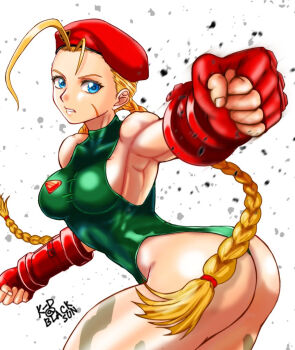 1girl antenna_hair ass blonde_hair blue_eyes bodypaint braid breasts cammy_white commentary_request fingerless_gloves foreshortening gloves green_leotard highleg highleg_leotard k-d@black_sun leotard long_hair medium_breasts punching red_gloves scar scar_on_face solo street_fighter street_fighter_6 street_fighter_ii_(series) thong_leotard twin_braids