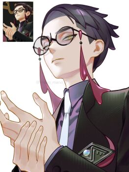 Rule 34 | 1boy, arms up, black-framed eyewear, black coat, closed mouth, coat, collared shirt, commentary request, corbeau (pokemon), derivative work, frown, glasses, highres, layered sleeves, long sleeves, looking at viewer, looking down, male focus, mano (mano mano 5), necktie, nintendo, pokemon, pokemon legends: z-a, purple hair, purple shirt, round eyewear, screenshot inset, screenshot redraw, shirt, short hair, short sideburns, simple background, solo, tassel, upper body, white background, white necktie, wing collar, yellow eyes