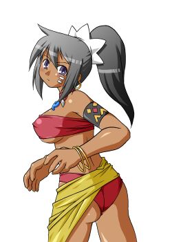 1girl ass bandeau bandeau_bikini bikini black_hair blush breasts dark-skinned_female dark_skin etrian_odyssey highleg highleg_swimsuit highres kyuuogire_kichion large_breasts legs looking_at_viewer looking_back medium_hair parted_lips ponytail purple_eyes red_bikini sarong shilleka sideboob solo swimsuit thighs tribal underboob