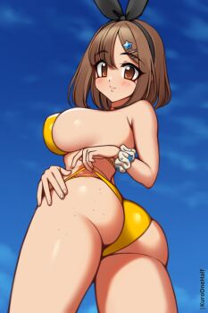 1girl ass ass_freckles atelier_(series) atelier_ryza bikini bikini_pull black_ribbon blush body_freckles breasts brown_eyes brown_hair clothes_pull cloud freckles freckles_on_legs freckles_on_thighs from_behind hair_ornament hair_ribbon hairband hairclip kuroonehalf large_breasts looking_at_viewer looking_back reisalin_stout ribbon scrunchie short_hair sky smile standing star_(symbol) star_hair_ornament swimsuit thick_thighs thighs wrist_scrunchie yellow_bikini