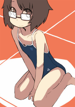 Rule 34 | 1girl, between legs, brown hair, competition school swimsuit, female focus, flat chest, glasses, hand between legs, miyawaka kaho, one-piece swimsuit, original, school swimsuit, short hair, sitting, solo, sukumi's!, swimsuit, tugeneko, v arms, wariza