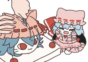 Rule 34 | 2girls, :3, animal hat, back bow, bat wings, blue hair, bow, cake, character-themed food, cherry, closed eyes, commentary, crying, cutting, food, fruit, hat, hat ribbon, highres, holding, holding knife, knife, mensoreimuremu, mob cap, multiple girls, open mouth, photo-referenced, pink hat, pink shirt, pink skirt, pink wrist cuffs, red bow, remilia scarlet, ribbon, ribbon-trimmed skirt, ribbon trim, shirt, sitting, skirt, skirt set, touhou, wings, wrist cuffs, yukkuri shiteitte ne