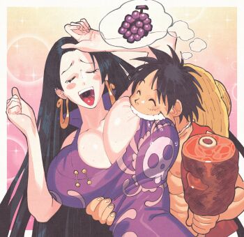 1boy 1girl ^_^ arm_around_waist arm_up black_hair blunt_bangs blush boa_hancock boned_meat breast_biting breasts cleavage closed_eyes collared_dress cowboy_shot dress earrings facial_scar food fruit furrowed_brow gold_earrings grapes hand_on_another's_waist hand_up hat hetero highres hime_cut holding holding_food huge_breasts imagining inkerton-kun jewelry long_hair meat monkey_d._luffy muscular muscular_male one_piece open_clothes open_mouth open_vest parted_bangs popped_collar print_dress purple_dress red_vest saliva scar scar_on_cheek scar_on_face scoop_neck short_hair skull_print sleeveless sleeveless_dress smile snake_earrings sparkle speech_bubble straw_hat swoon teeth thought_bubble upper_teeth_only very_long_hair vest