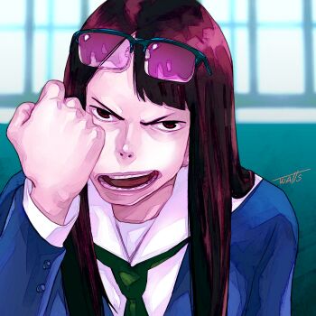 Rule 34 | 1girl, artist name, asymmetrical bangs, clenched hand, commentary, eizouken ni wa te wo dasu na!, eyewear on head, glasses, green necktie, highres, kanamori sayaka, long hair, necktie, open mouth, school uniform, shibahama high school uniform, solo, watts (lil nemo182)