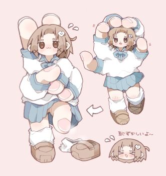 >_< 1girl :3 arrow_(symbol) blue_skirt blush bow brown_footwear brown_hair china_dress chinese_clothes closed_mouth commentary_request deformed dress extra_arms fang fingernails flying_sweatdrops hair_ornament hairclip highres loafers looking_at_viewer medium_hair motion_lines multiple_views nikamoka no_hands nose_blush open_mouth original pleated_skirt school_uniform shirt shoes short_eyebrows simple_background single_shoe single_sock skirt socks standing standing_on_one_leg steaming_body thick_eyebrows translation_request unworn_shoes unworn_socks v white_footwear white_shirt white_socks