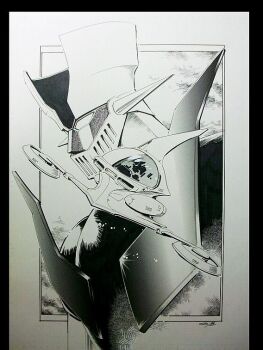 greyscale mazinger_(series) mazinger_z mazinger_z_(mecha) mecha mecha_focus monochrome no_humans pilder retro_artstyle robot science_fiction signature super_robot suzuki_masahisa