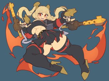 1girl bandeau black_bandeau black_jacket black_skirt black_thighhighs blonde_hair blue_background breasts burnice_white commentary fire flamethrower full_body high_heels highres holding holding_flamethrower holding_weapon jacket large_breasts long_hair looking_at_viewer miniskirt nezo no_pupils open_clothes open_jacket open_mouth red_eyes simple_background skirt smile solo strapless thighhighs tube_top twintails underboob weapon zenless_zone_zero