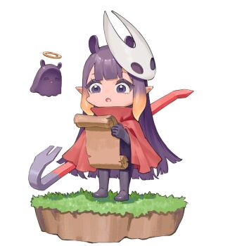 1girl :o black_bodysuit bodysuit cape chibi commentary cosplay crowbar english_commentary halo holding holding_crowbar holding_scroll hollow_knight hollow_knight:_silksong hololive hornet_(hollow_knight) hornet_(hollow_knight)_(cosplay) long_hair mask mask_on_head ninomae_ina'nis pointy_ears purple_eyes purple_hair red_cape scroll simple_background solo standing takodachi_(ninomae_ina'nis) tentacle_hair very_long_hair virtual_youtuber white_background zetsuental