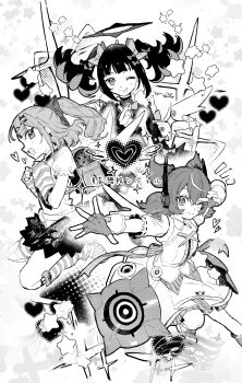 3girls absurdres angels_of_delusion aria_(zenless_zone_zero) arm_warmers bare_shoulders black_hair black_skirt blush bow center_frills closed_mouth colored_inner_hair crossed_bangs detached_sleeves dress earrings finger_heart fingerless_gloves frilled_sleeves frills fur-trimmed_skirt fur_trim gloves greyscale hair_between_eyes hair_bow hair_ornament halo hashtag-only_commentary heart heart_hair_ornament highres jewelry leg_warmers looking_at_viewer monochrome multicolored_hair multiple_girls multiple_hair_bows multiple_hair_clips musical_note_earrings nangong_yu one_eye_closed open_mouth outstretched_arm ponytail shirt short_twintails skirt smile sparkle star_(symbol) striped_arm_warmers striped_leg_warmers sunna_(zenless_zone_zero) tongue tongue_out twintails v v_over_eye welve white_background white_dress white_shirt white_wings winged_bag winged_heart wings zenless_zone_zero