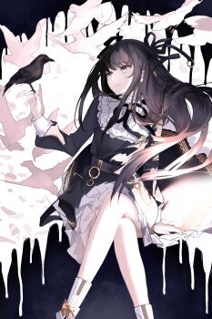 Rule 34 | 1girl, :d, absurdres, arcaea, arm at side, belt, bird, bird on hand, black belt, black bird, black dress, black hair, black ribbon, blue eyes, boots, commentary, crossed legs, crow, dress, english commentary, feet out of frame, frilled dress, frills, hair ribbon, highres, kbsdr, long hair, long sleeves, looking at animal, looking to the side, open mouth, ribbon, sitting, smile, solo, splatter background, tairitsu (arcaea), tairitsu (axium) (arcaea), white boots