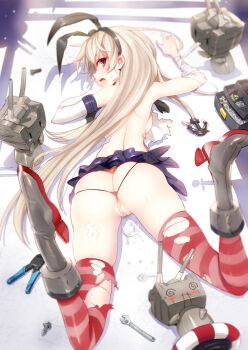 10s 1girl anchor ass bandages bandaid bandaid_on_pussy black_panties blonde_hair blood blush bolt_(hardware) boots breasts butt_crack clare_(543) elbow_gloves g-string gloves grey_footwear hair_ornament hairband kantai_collection legs long_hair nosebleed open_mouth panties personification red_thighhighs rensouhou-chan shimakaze_(kancolle) sideboob skindentation skirt small_breasts striped_clothes striped_thighhighs sweat thighhighs thong tools torn_clothes torn_legwear underwear white_gloves