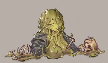 1girl bone breasts brown_background grin hair_over_one_eye highres juerucj large_breasts long_hair melting monster_girl original ribbon see-through_body simple_background skull slime_girl smile solo twitter_username