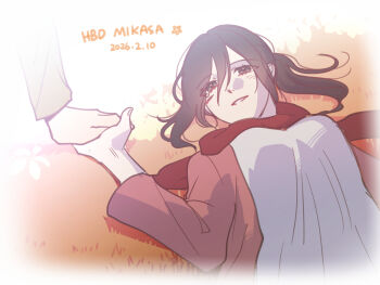 Rule 34 | 1boy, 1girl, birthday, black hair, breasts, cardigan, dated, eren yeager, facial scar, hair between eyes, happy birthday, hashtag-only commentary, high ponytail, highres, holding hands, long sleeves, looking at another, lying, mikasa ackerman, on back, open cardigan, open clothes, out of frame, parted lips, pink cardigan, ponytail, rakji, red scarf, scar, scar on cheek, scar on face, scarf, shingeki no kyojin, shirt, smile, upper body, white shirt