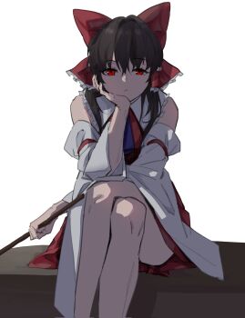 1girl arm_support ascot bare_shoulders black_hair blue_ascot bow commentary_request crossed_legs detached_sleeves expressionless frilled_hair_tubes frills gohei hair_bow hair_tubes hakurei_reimu highres holding holding_gohei indis looking_at_viewer nontraditional_miko red_bow red_eyes red_shirt red_skirt ribbon-trimmed_sleeves ribbon_trim shirt simple_background sitting skirt sleeveless sleeveless_shirt solo touhou white_background wide_sleeves