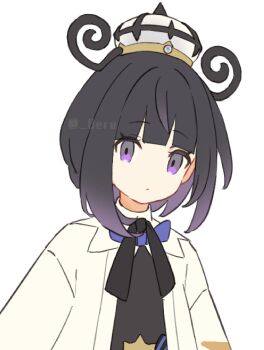 1girl artist_name black_dress black_hair bob_cut closed_mouth coat commentary_request dress erua_(_8eru) gradient_hair gwynn_(pokemon) hat highres long_sleeves looking_at_viewer multicolored_hair nintendo open_clothes open_coat pokemon pokemon_legends:_z-a purple_eyes purple_hair short_hair solo twitter_username upper_body white_background white_coat