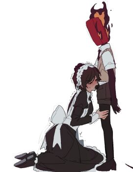 1boy 1girl aged_down apron back_bow black_shoes blush bow brown_hair clock closed_eyes collared_shirt colored_skin commentary_request dante_(limbus_company) dark-skinned_female dark_skin fellatio hand_on_another's_head hands_on_another's_thighs korean_commentary limbus_company long_sleeves maid maid_apron maid_headdress object_head oral outis_(project_moon) penis project_moon shirt shoes short_hair shota simple_background sweatdrop yippee