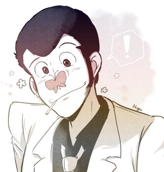 Rule 34 | !, 1boy, arsene lupin iii, black hair, blush, bug, butterfly, cigarette, closed mouth, collared shirt, facial hair, flower, formal clothes, highres, insect, jacket, light blush, lupin iii, male focus, mm lupin3, mouth hold, necktie, raised eyebrows, shirt, short hair, sideburns, signature, smile, solo, spoken exclamation mark, suit, upper body, white necktie, white suit