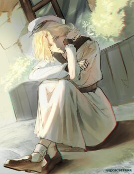 1girl absurdres blonde_hair cassie_(shadow_slave) day dress dutch_angle elbows_on_knees full_body green_eyes hand_on_own_head hat head_rest highres knees_up logicsterrr looking_at_viewer outdoors sandals shadow_slave short_hair sitting smile socks solo sunlight white_dress white_hat white_socks