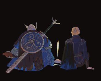 Rule 34 | 1boy, 1girl, armor, black background, black cape, blue surcoat, brother and sister, cape, commentary, duchess (elden ring), elden ring, elden ring nightreign, english commentary, gloves, hair ornament, hairpin, helmet, rimyzipel, scale armor, shield, shield on back, siblings, side cape, sitting, sword, sword on back, weapon, weapon on back, winged helmet, wylder (elden ring)