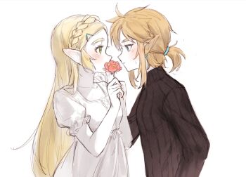 1boy 1girl black_sweater blonde_hair blue_eyes blush braid breasts ciru093 couple crown_braid dress earrings flower green_eyes hair_ornament hair_tie hairclip hetero highres holding holding_flower jewelry link long_hair looking_at_another low_ponytail medium_breasts medium_hair nintendo parted_bangs pointy_ears ponytail princess_zelda puffy_short_sleeves puffy_sleeves short_sleeves sidelocks sweater the_legend_of_zelda the_legend_of_zelda:_breath_of_the_wild turtleneck turtleneck_sweater upper_body white_background white_dress