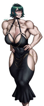 1girl abs bare_shoulders blush breasts character_request dress ear_piercing gold green_hair hands_on_own_hips huge_breasts jewelry lips modakawa_dress mole mole_on_breast mootium muscular muscular_female necklace o-ring one_eye_closed piercing purple_eyes sharp_teeth short_hair teeth veins white_background