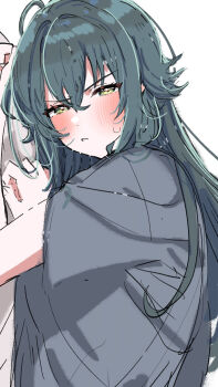 1girl :< ahoge blush commentary_request gakuen_idolmaster green_eyes green_hair grey_shirt hair_flaps highres idolmaster kasasagi_(futagodori888) long_hair looking_at_viewer shirt solo sweatdrop tsukimura_temari upper_body very_long_hair