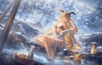 1girl animal_ears arknights barefoot bikini blonde_hair breasts brown_bikini commentary curled_horns day degenbrecher_(arknights) english_commentary goat_ears goat_horns helen_zzhao highres horns large_breasts long_hair onsen outdoors sitting snow soaking_feet solo swimsuit very_long_hair yellow_eyes